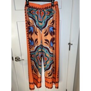 Sweet Rain Women M WideLeg Palazzo Pant Orange Boho Abstract Print Elastic Waist